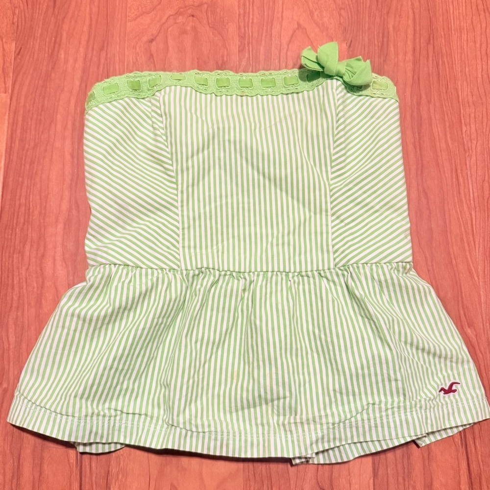 HOLLISTER Y2K Striped Strapless Babydoll Top Ribbon Lime Green and White Large‎